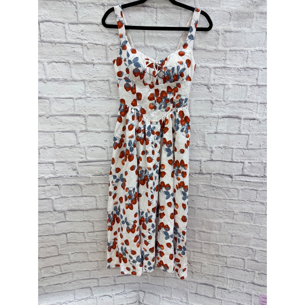 Reformation Balia Linen Strawberry Print Basque Waist Midi Dress White Red Sz 2 - Picture 3 of 16